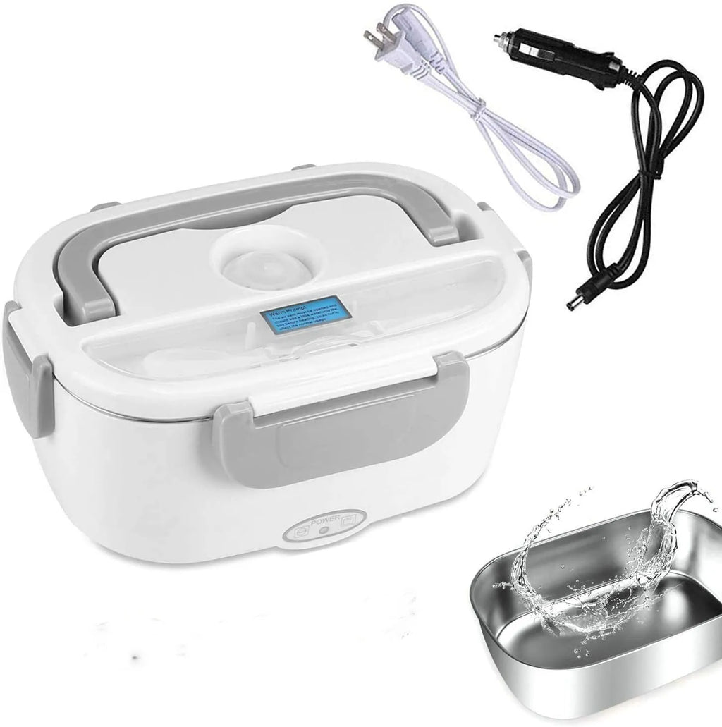 Grey dual-voltage electric lunch box for car and home use with stainless steel or plastic inner tank