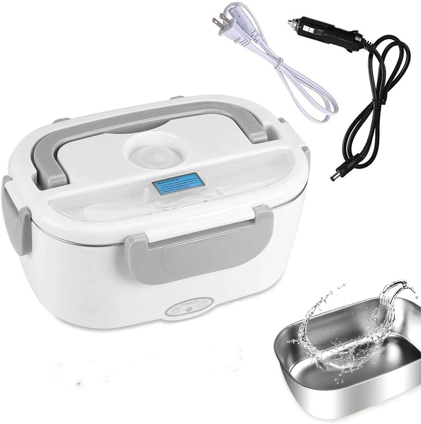 Grey dual-voltage electric lunch box for car and home use with stainless steel or plastic inner tank