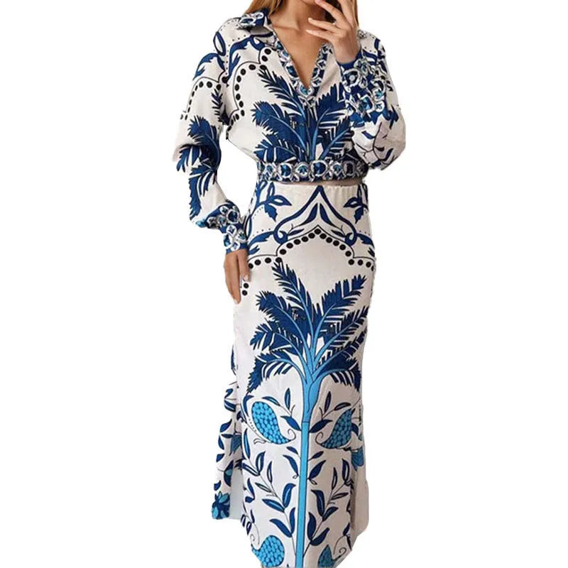 Women's casual two-piece co-ord set with long sleeves and long skirt in polyester fabric