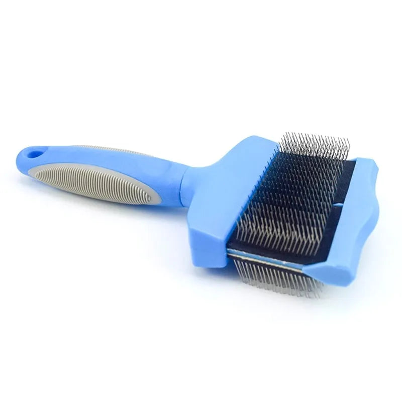 Blue double-sided pet brush with stainless steel pins and soft pins on a non-slip ergonomic handle.