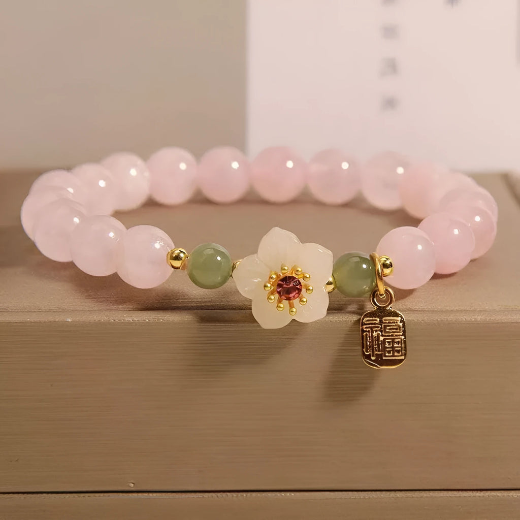 Crystal Hetian Jade Beaded Bracelet Peach Blossom National Style Pastoral Blessing Card Colour Women's