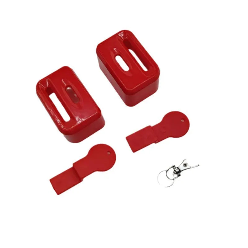 Black plastic ABS seat belt lock catch clamped onto a car seat belt buckle, side view