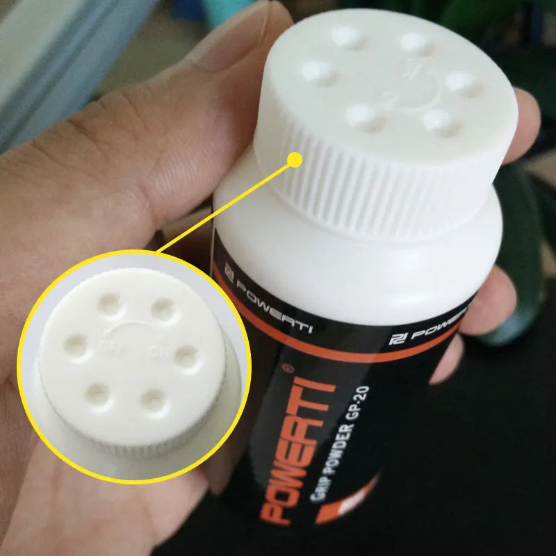 White sports anti-slip magnesium carbonate powder in container for badminton tennis fitness grip.