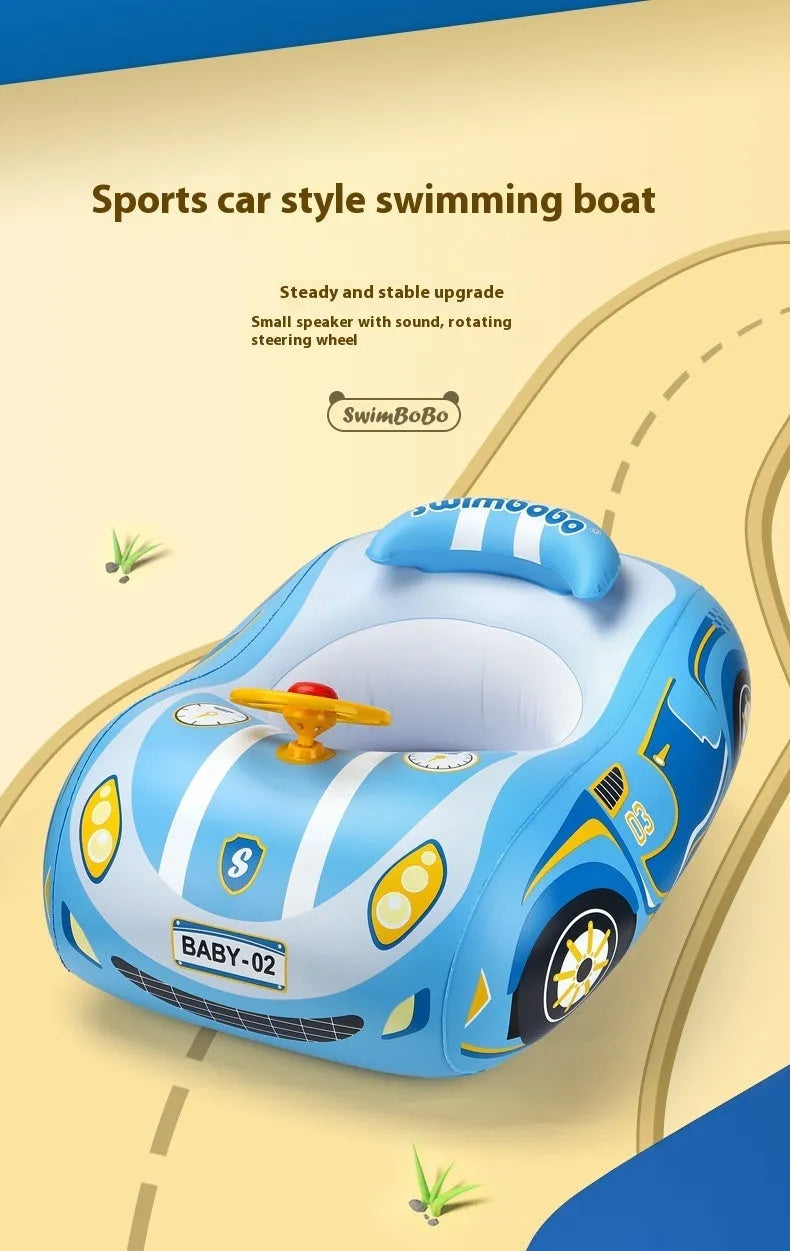 Mini inflatable car pedestal swimming ring for children in pink sports car design with steering wheel pattern