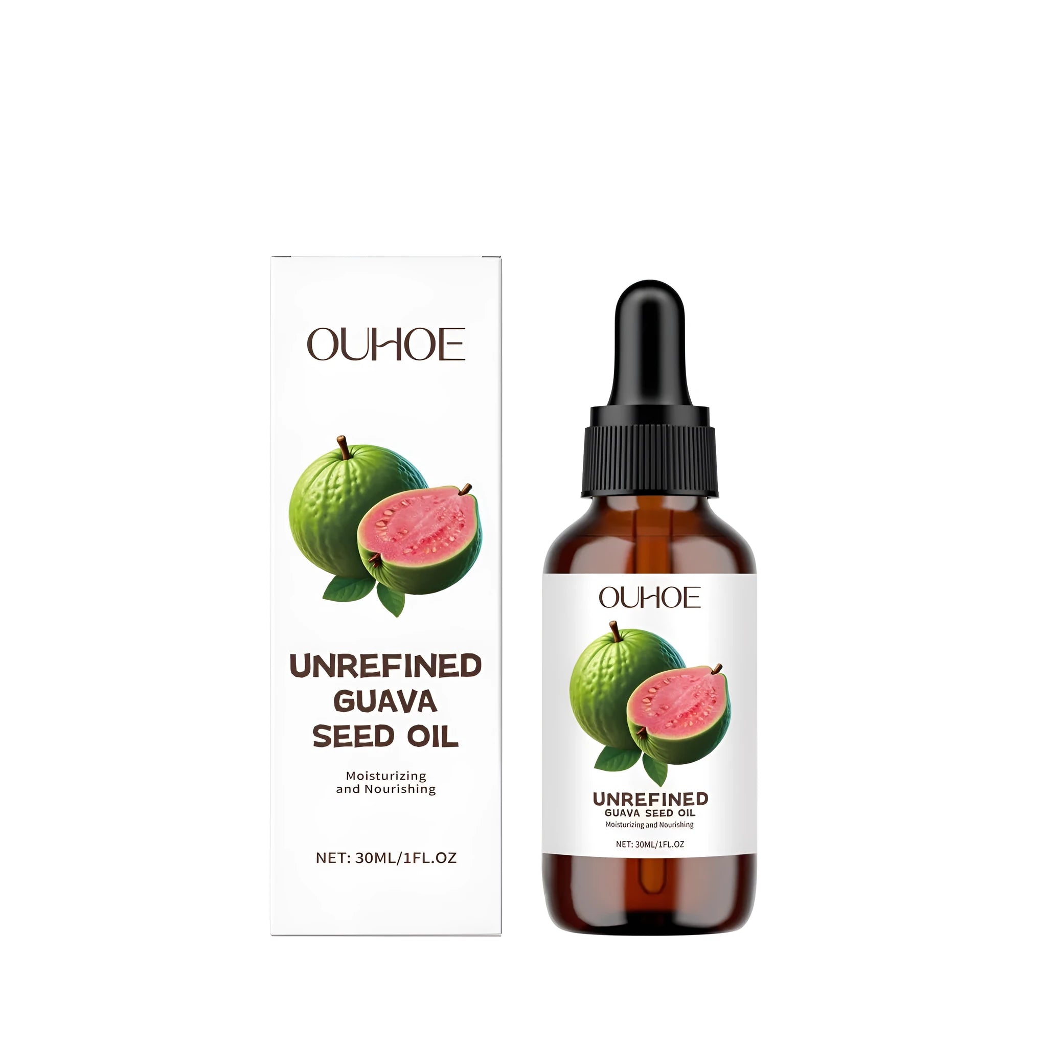 30ml glass bottle of guava seed oil facial serum with dropper.