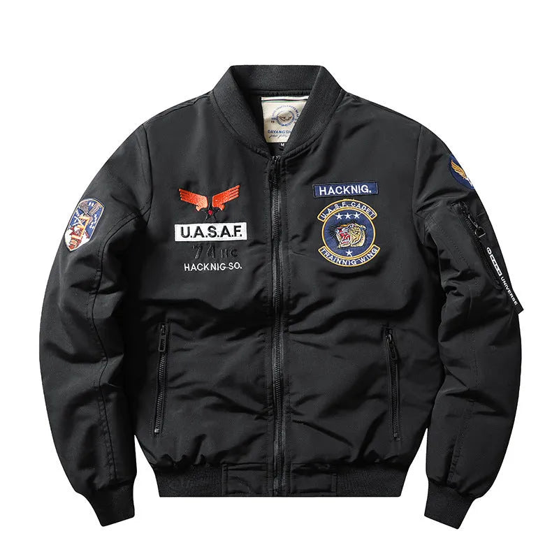 Men's slim-fit stand collar retro embroidery cotton-padded coat in black