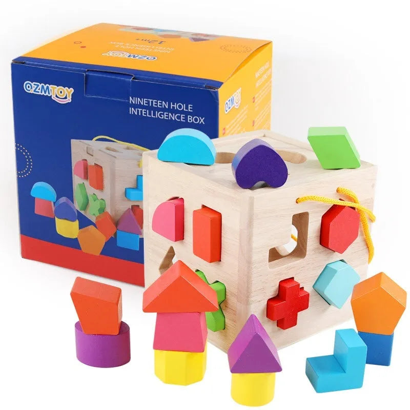 Wooden geometric shape matching baby building blocks set with 12-hole smart box in colour packaging for infants