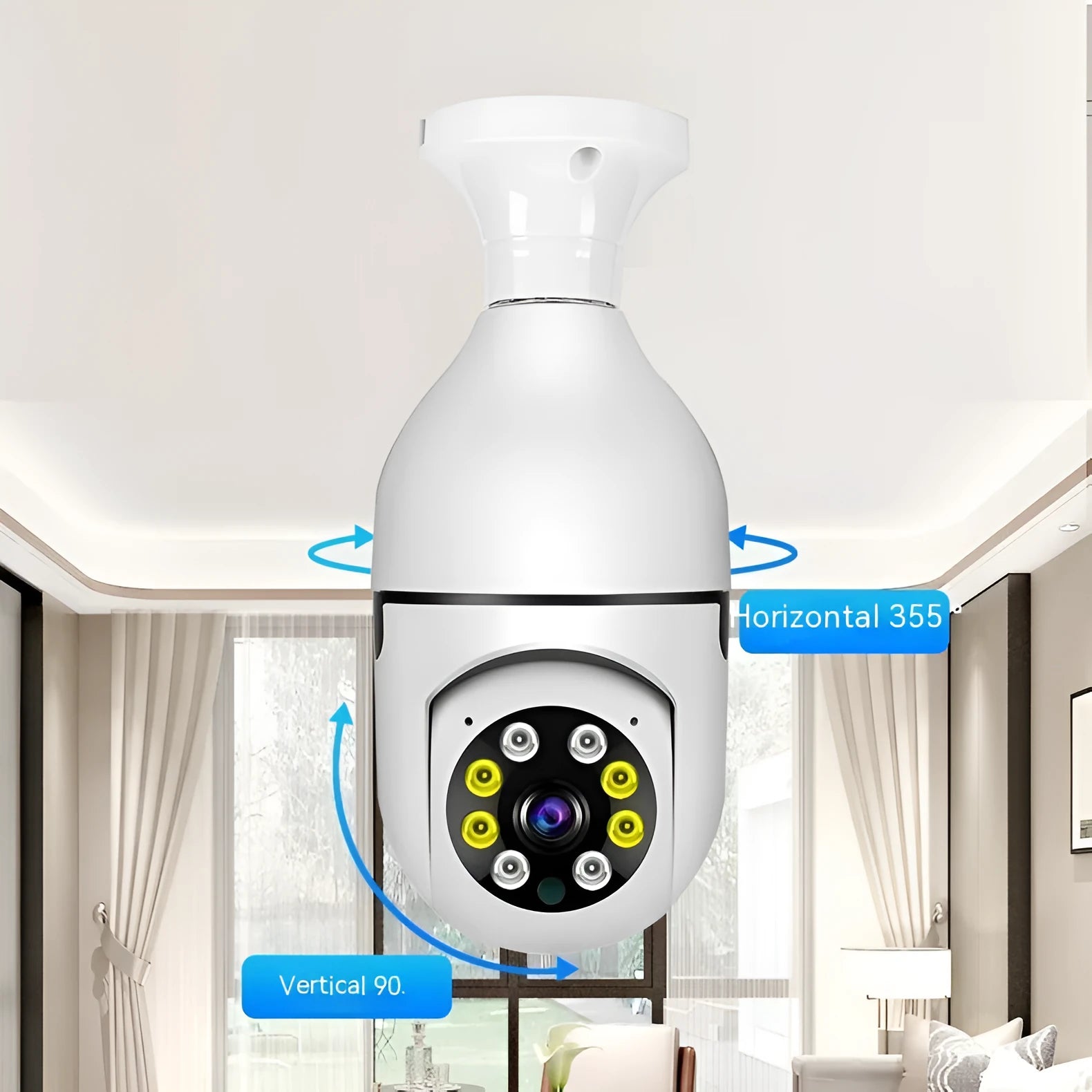 Wireless bulb security camera with 1080p resolution and full colour night vision capability