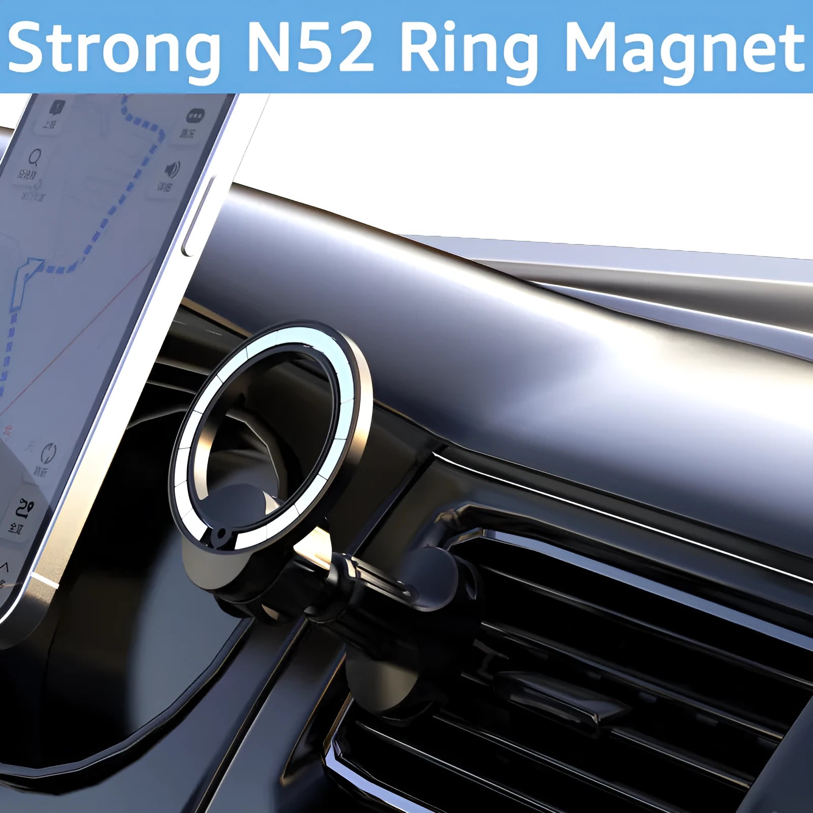 Black magnetic car air vent phone holder with O‑ring bracket for mobile phones up to 6.8 inches.