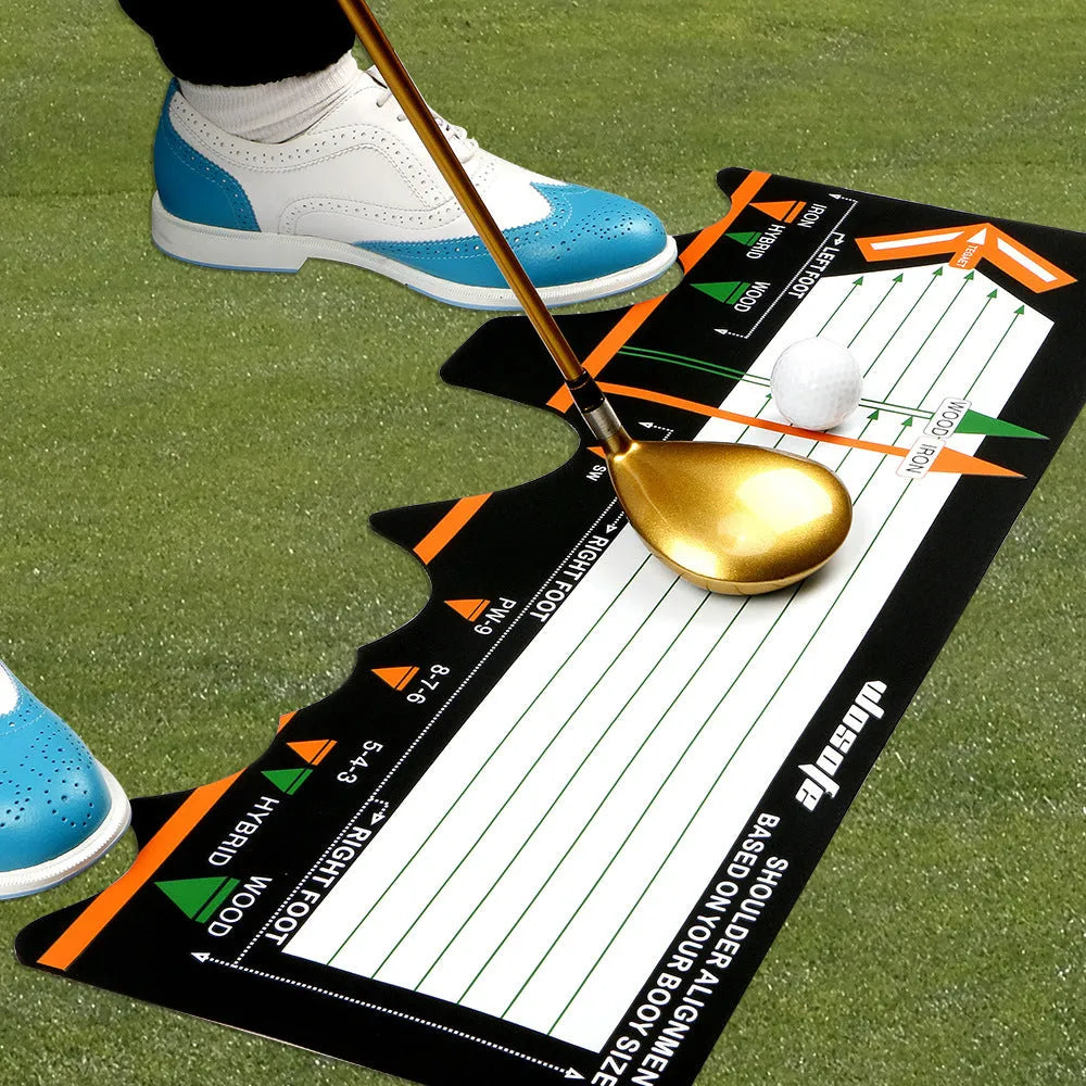 Black neoprene golf swing stance correction mat with alignment markings for practice