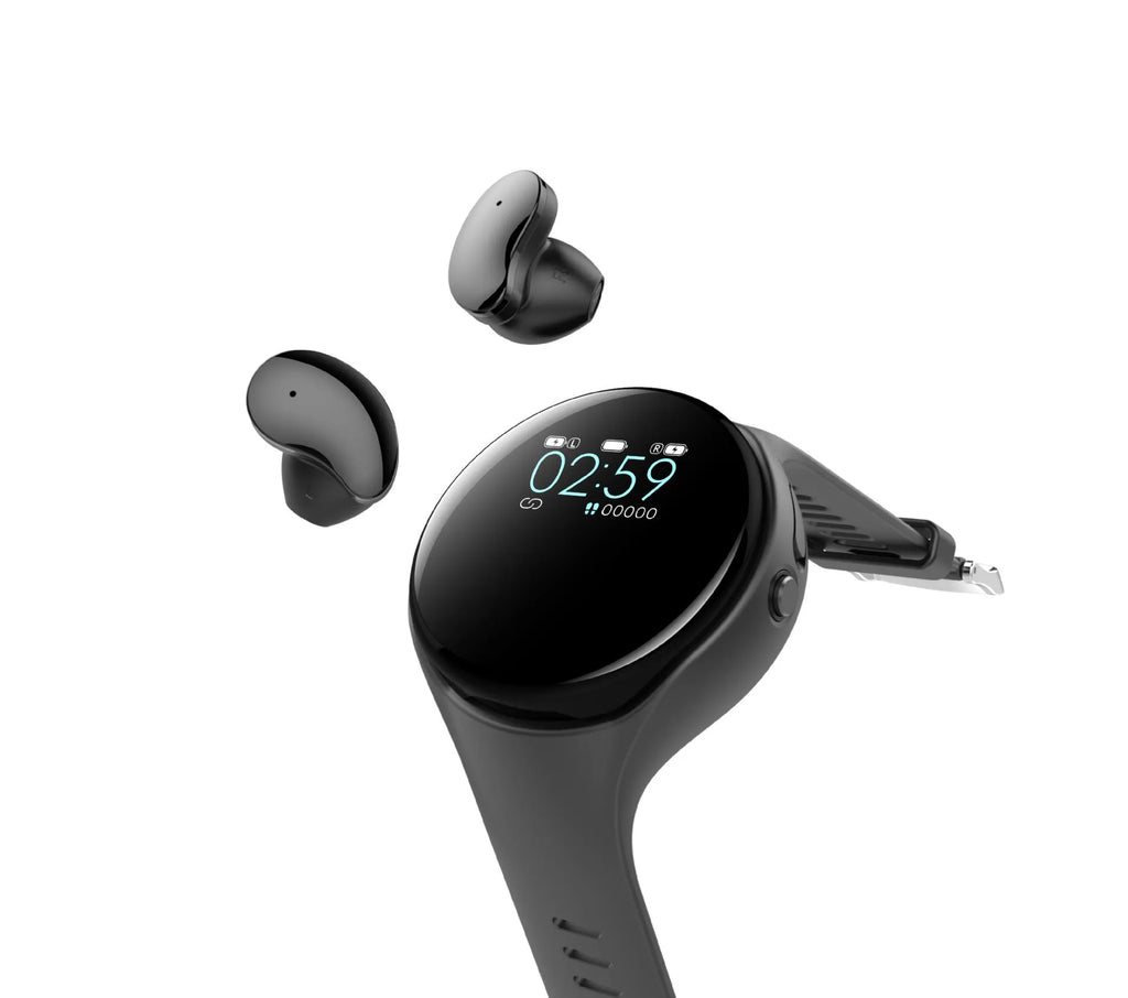 Black smart bracelet with detachable TWS earbuds showing colour screen display