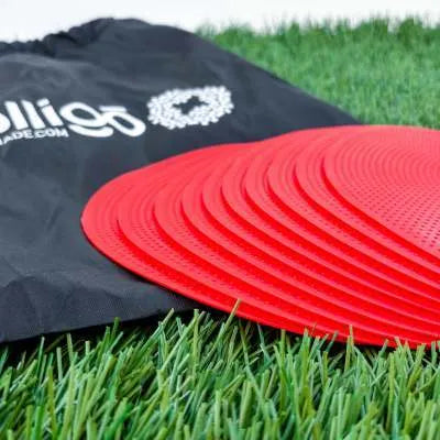 Flat circular yellow football training landmark pad on grass, 23cm diameter