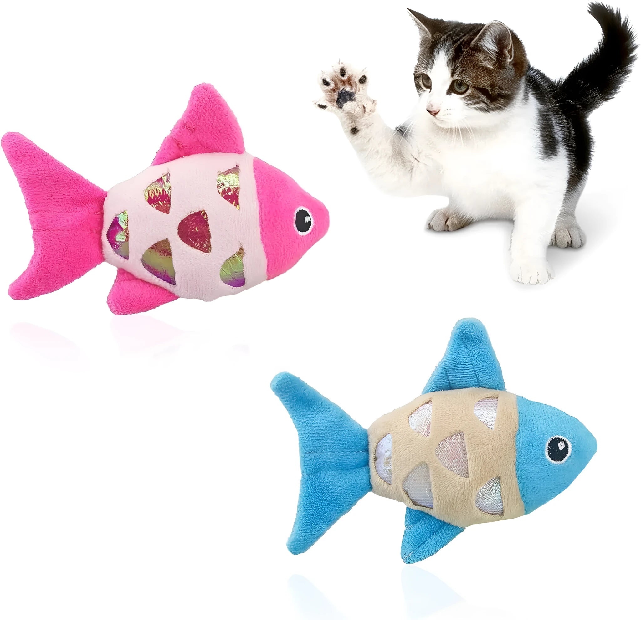 Two soft plush goldfish-shaped catnip cat toys with crinkle paper on a light background