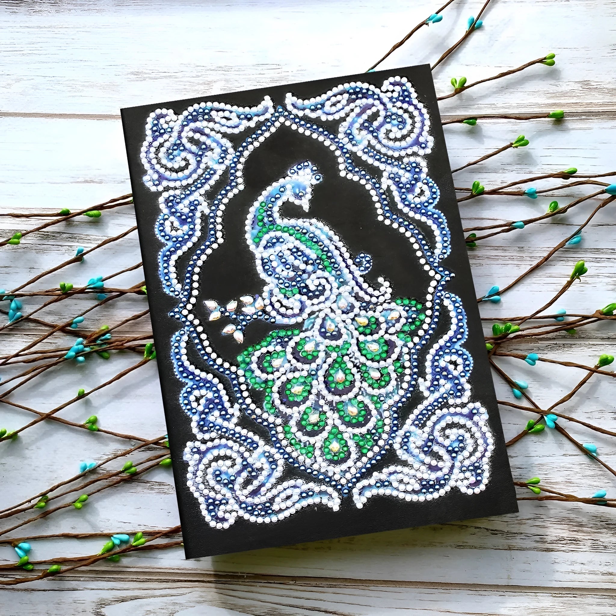 Black A5 hardcover diamond painting journal decorated with shaped and bright drills