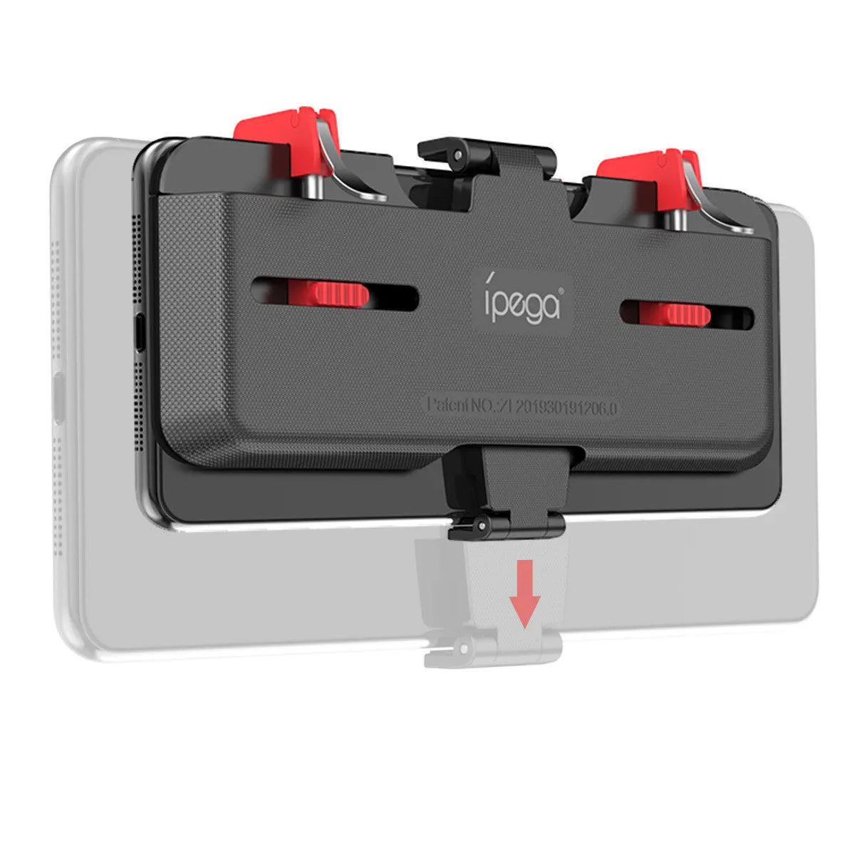 Black phone gaming trigger bracket stand with a metal handle and adjustable trigger for mobile shooting games.