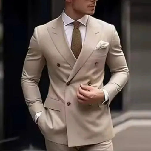Men's grey Korean-style slim fit two-piece business suit on a hanger