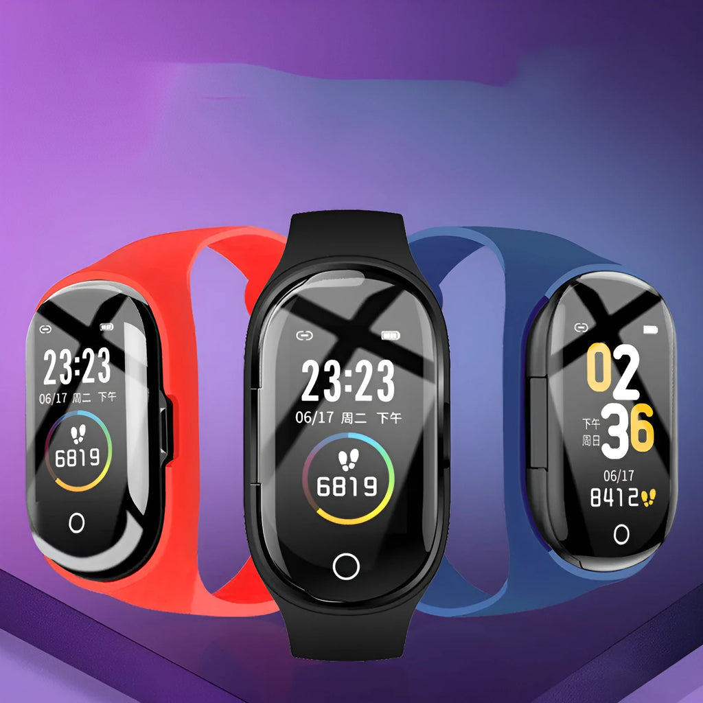 Smart bracelet and earphone combo device with silicone wristband in blue colour showing 1-inch touch screen