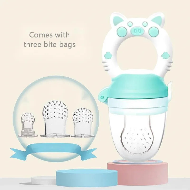 Silicone baby teether with textured chewing surfaces in blue, green and pink colour options