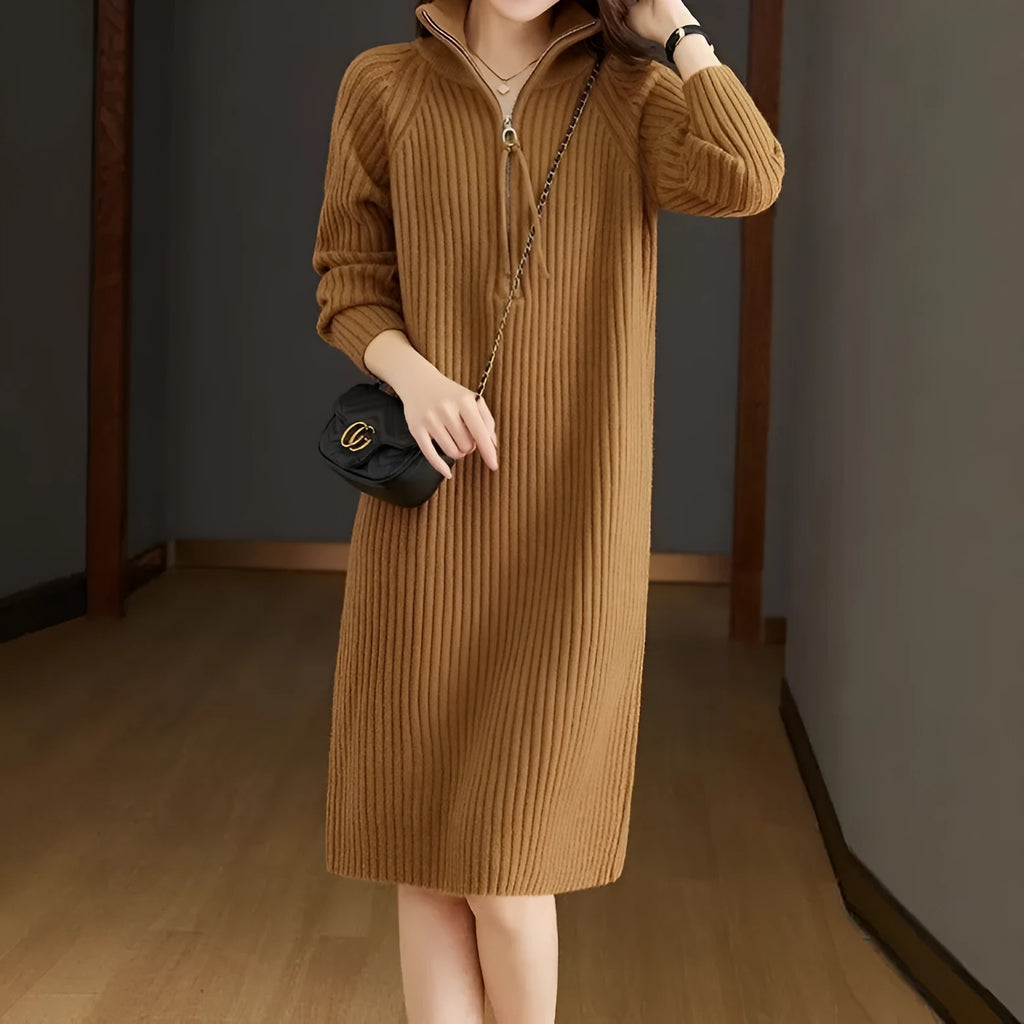Half zipper loose casual long sleeves stand collar woolen straight dress in solid colour