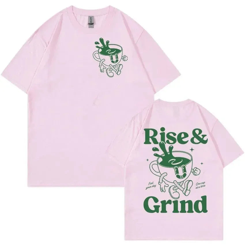 Men's loose fit linen t-shirt with green 'Rise And Grind' coffee cartoon print on chest.