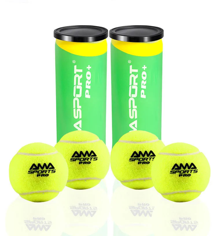 Set of three high elasticity cage plate tennis training balls in black, green, and yellow