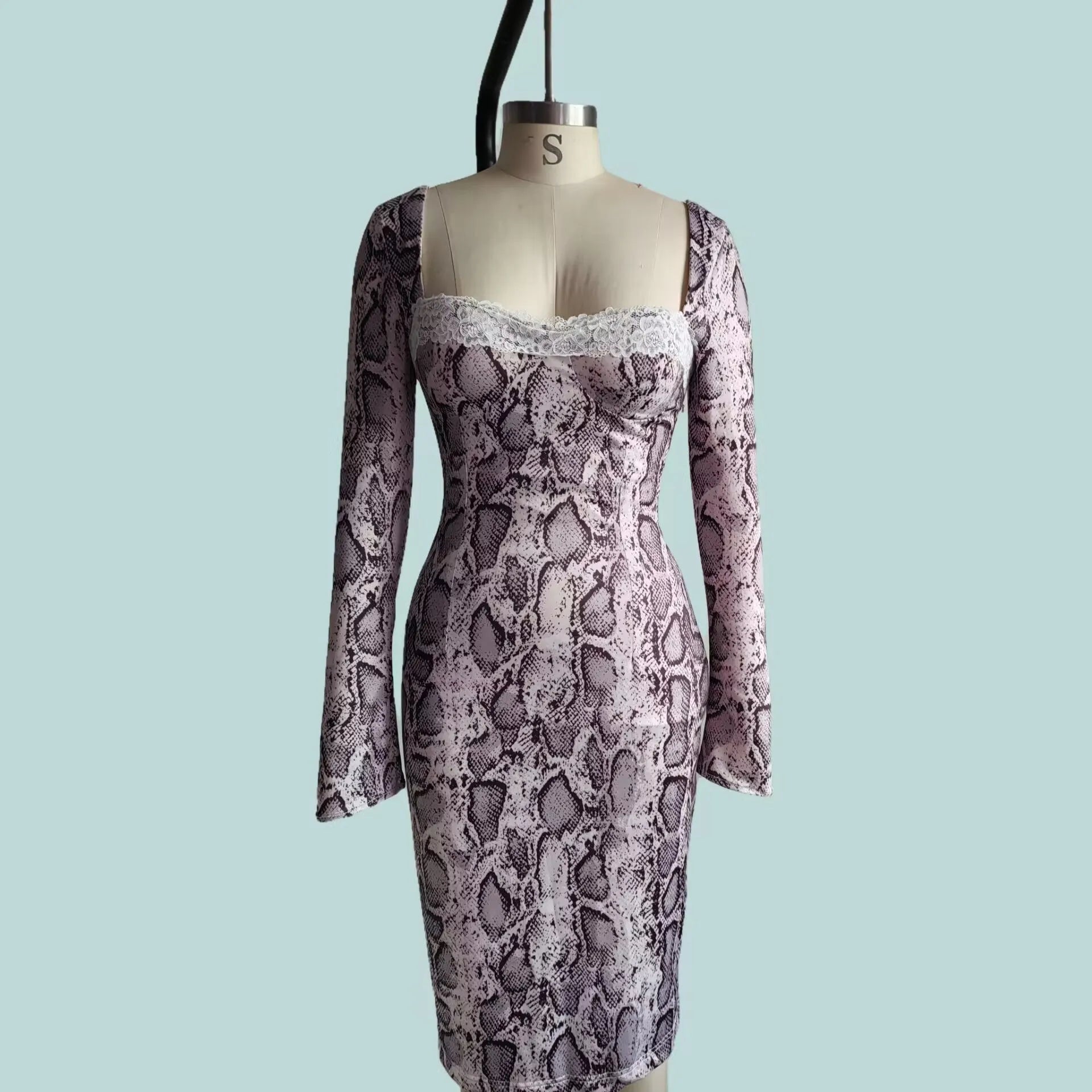 Grey digital printed slim fit lace dress with 3D pattern effect and A-line skirt