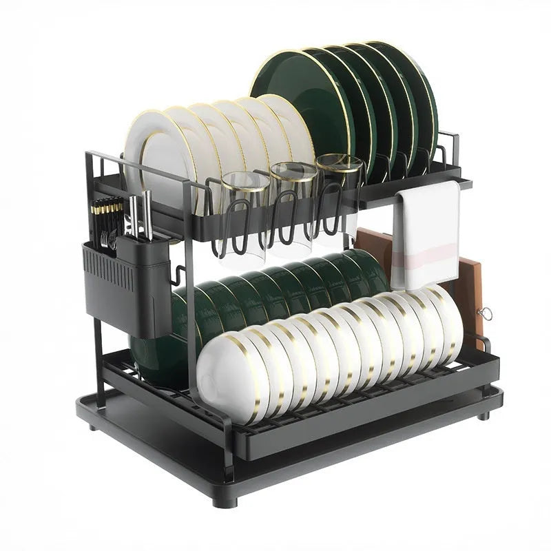White double-layer kitchen storage rack with removable draining shelf made from carbon steel