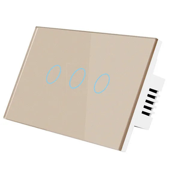 White 2-gang RF remote control light switch with tempered glass touch panel and LED indicators