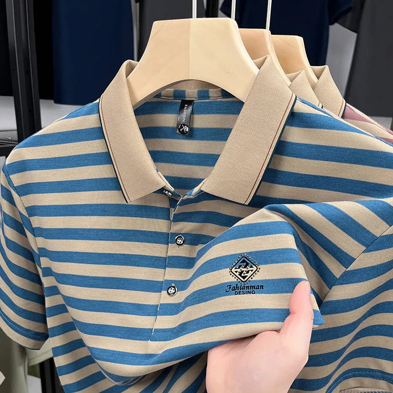 Men's striped short sleeve casual top in polyester with mosaic pattern, shown in blue colour.