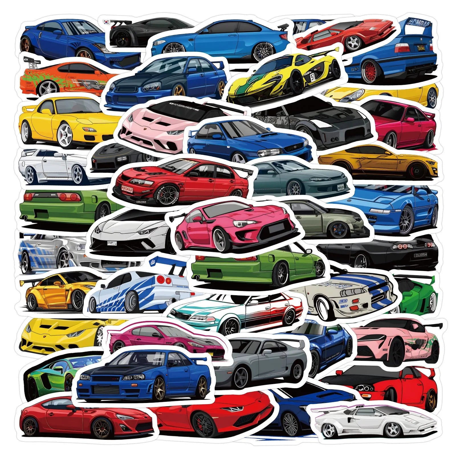 60 personalised sports car graffiti stickers in assorted designs measuring 5 to 7 centimetres