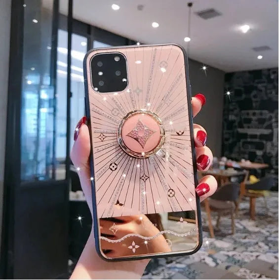 Gold diamond-style ring stand phone grip compatible with iPhone models, rose and white colour options