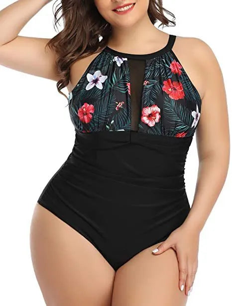 Women's black one-piece swimsuit with lace detailing, shown alongside red flower and striped pattern options.