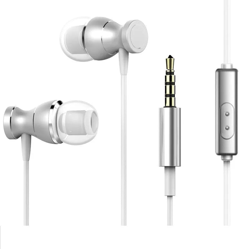 In-ear subwoofer universal headphones with black silicone earpieces and 1.2m TPE cable on white background
