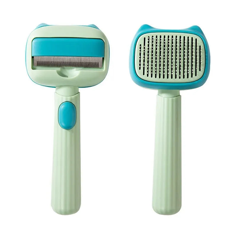 Blue double-sided pet grooming brush with deshedding teeth and dematting comb, 195mm long