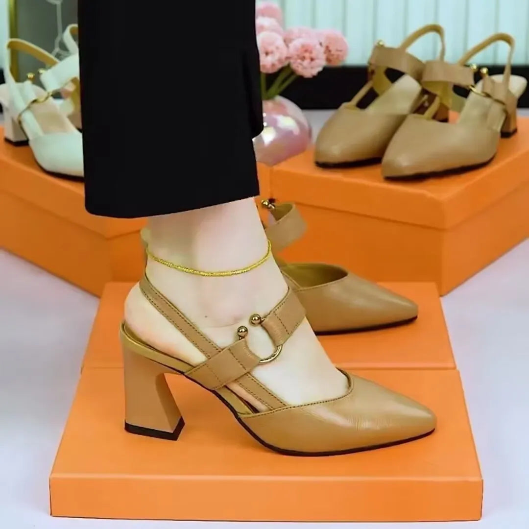 Women's apricot leather sandals with a closed toe, chunky block heel, and an ankle strap.