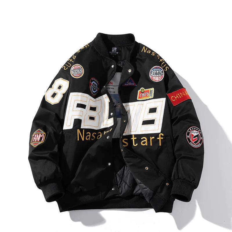 Black American motorcycle-style loose-fit baseball jacket with side seam pocket, shown as part of a couples uniform.