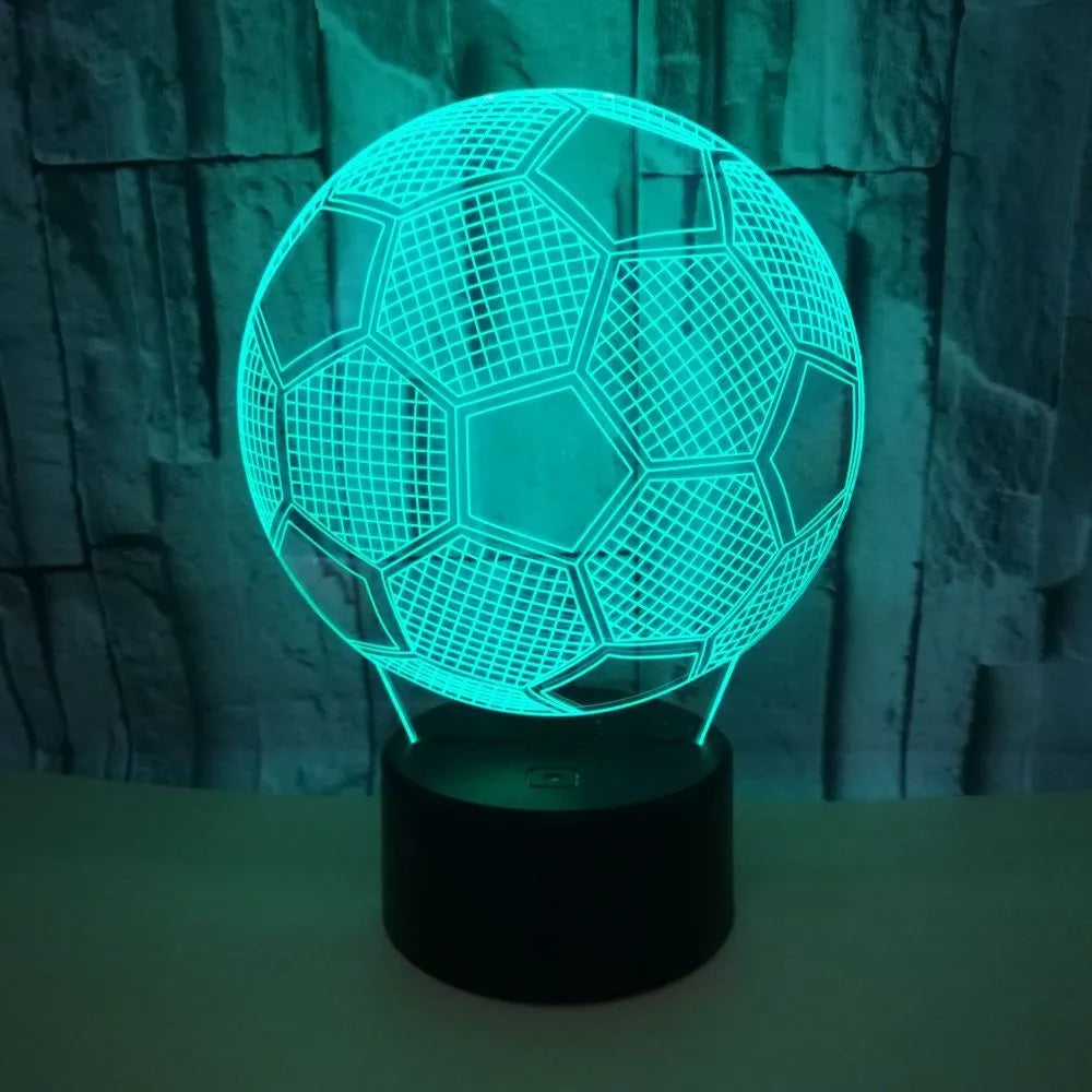 3D football night light with colourful projection on acrylic display, ABS base, showing colour-changing options.