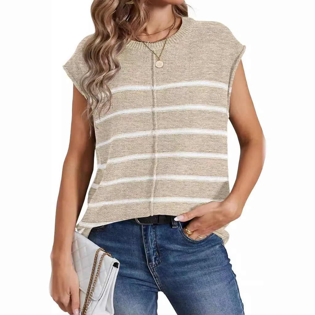 Women's striped sleeveless acrylic pullover vest in apricot colour on a hanger, showing bone stitching detail.