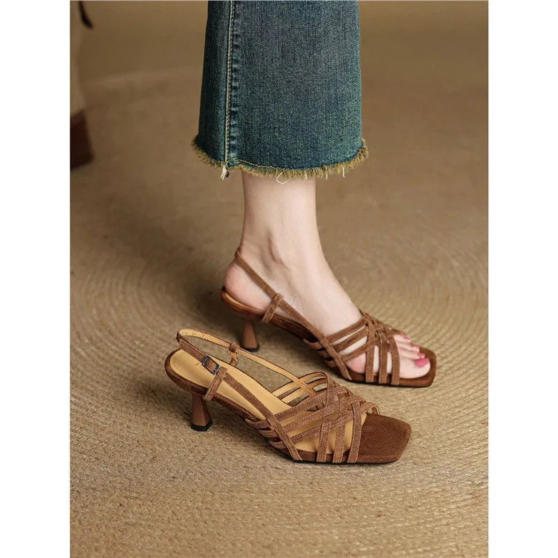 Women's retro soft leather thin cross straps high heel sandals with square toe and ankle buckle