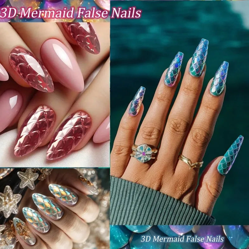 3D scale long shaping nail tips in Frigate box packaging with multiple colour options for nail extension use