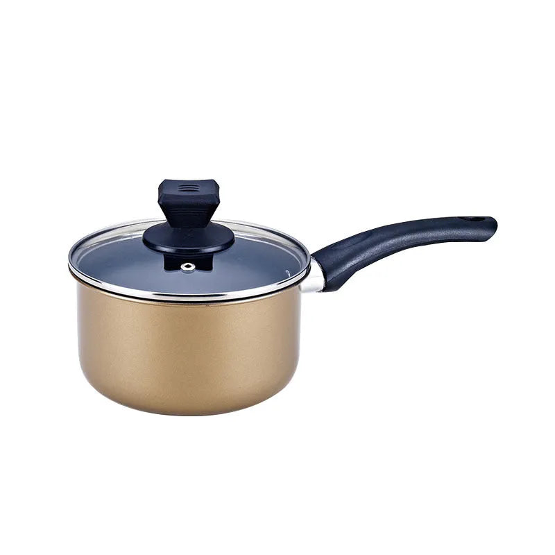 Three-piece cast iron non-stick cookware set with soup pot, milk pot, and wok in light luxury style
