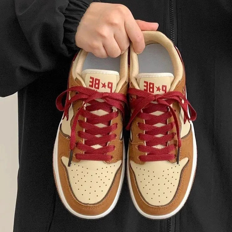 Brown PU low-top platform sneakers with sequins, round toe, and rubber sole for women