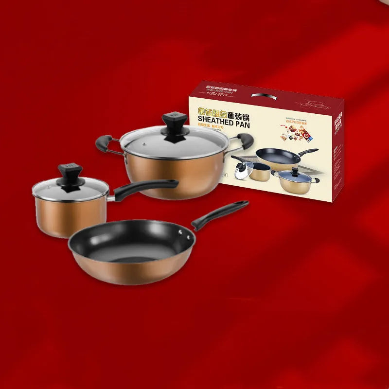 Three-piece cast iron non-stick cookware set with soup pot, milk pot, and wok in light luxury style