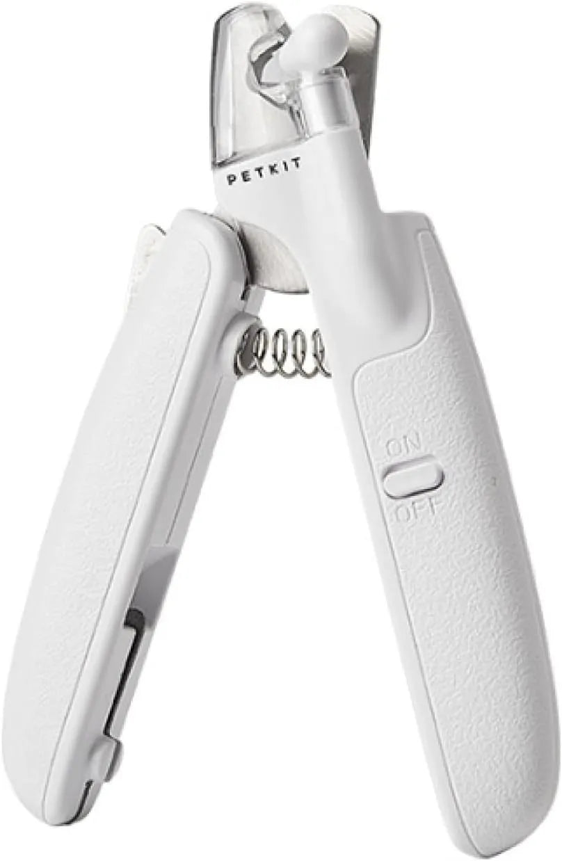 White pet nail clippers with LED light, transparent anti-splash guard, and a leather-like handle.