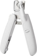 White pet nail clippers with LED light, transparent anti-splash guard, and a leather-like handle.