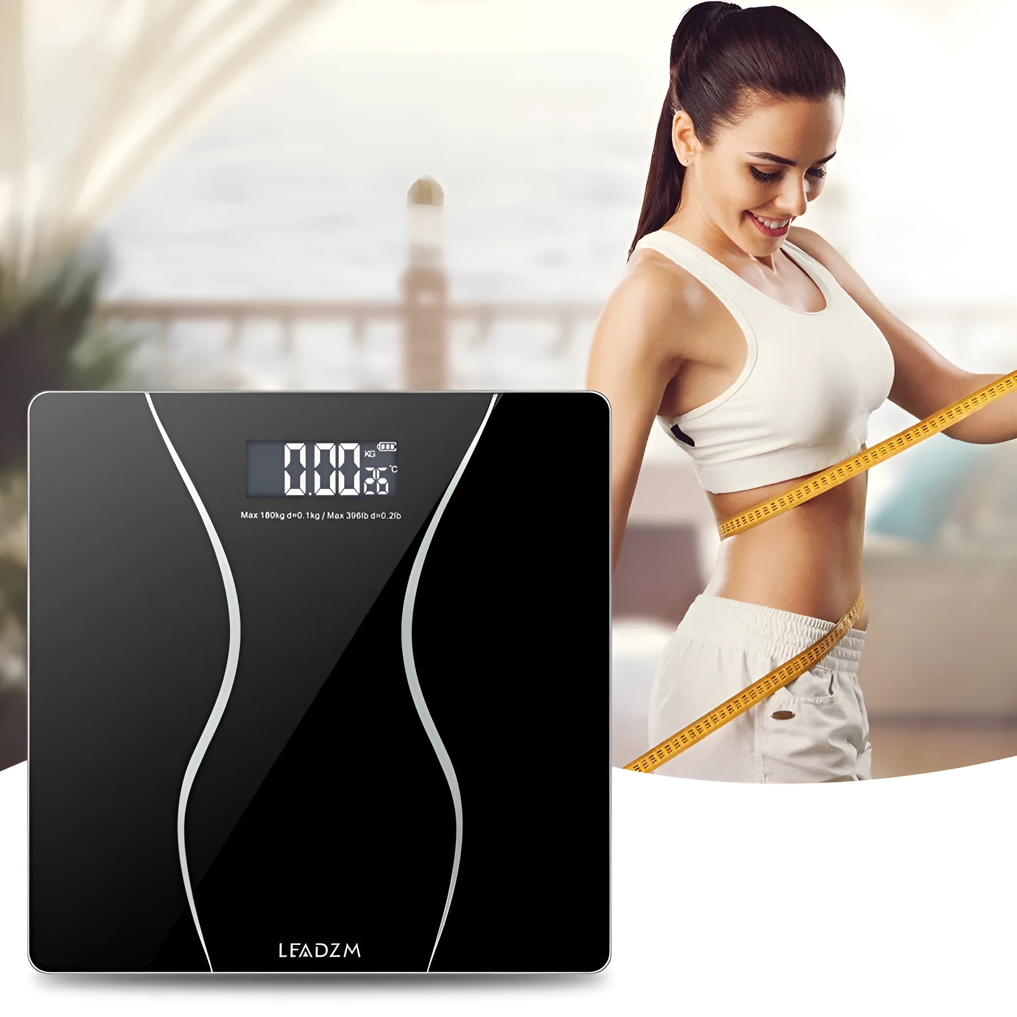 Black electronic household scale with digital display for weight measurement up to 180 kilograms