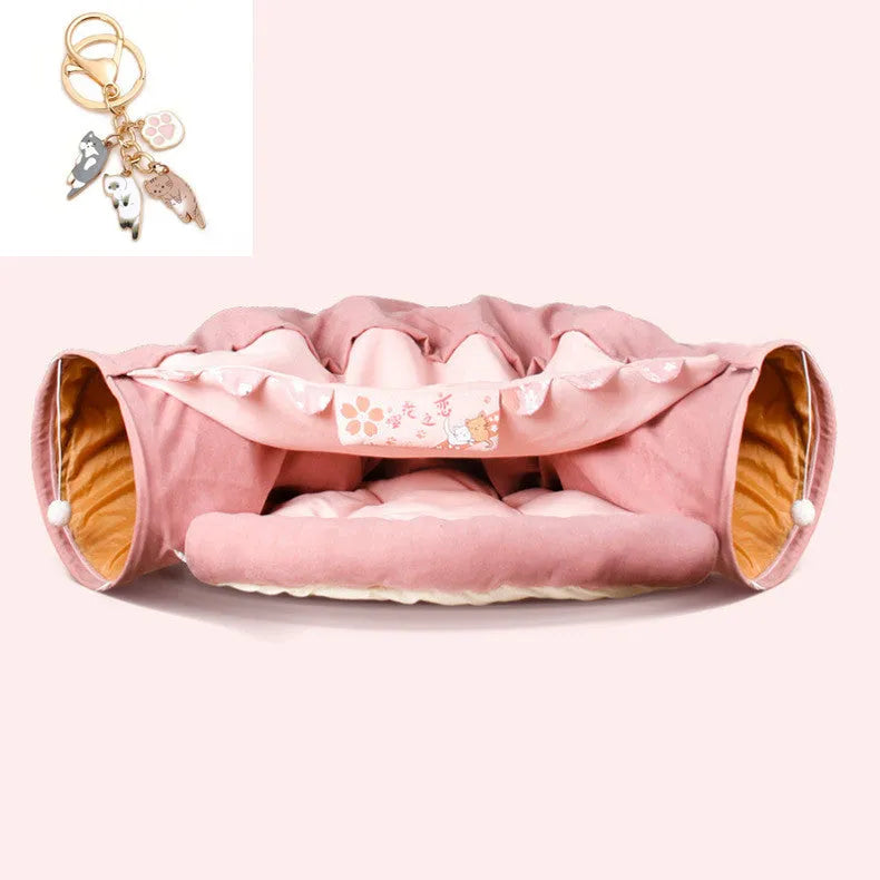 Collapsible cloth cat tunnel shown in one of four colours: Bar, Coffee, Matcha, or Pink.