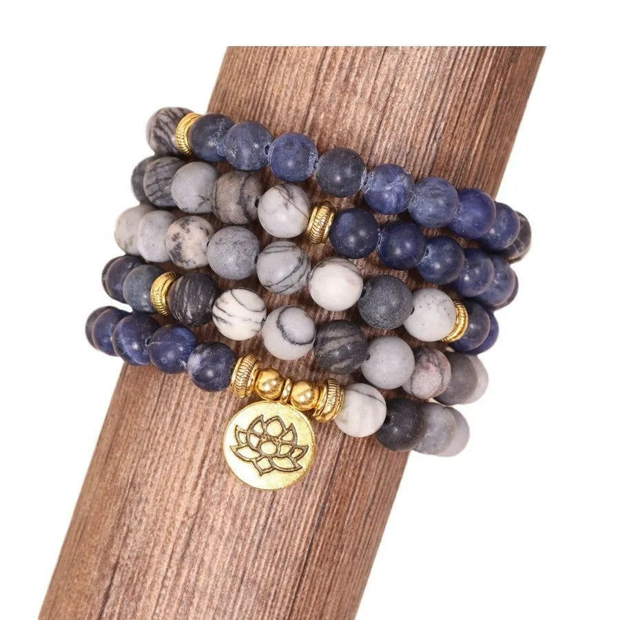 Blue patterned network stone bead multi-layer alloy bracelet for women's jewellery