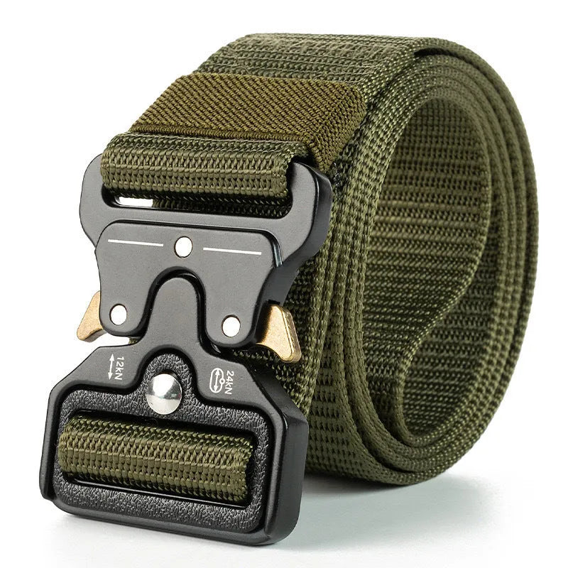 Men's thick canvas tactical belt with alloy release buckle in Army Green colour showing 120cm length