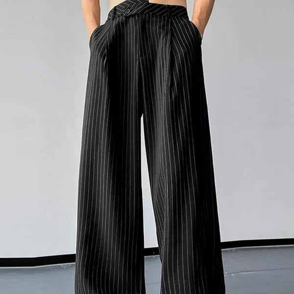 Men's black vertical striped pleated casual trousers showing elastic fabric and detailed sizing